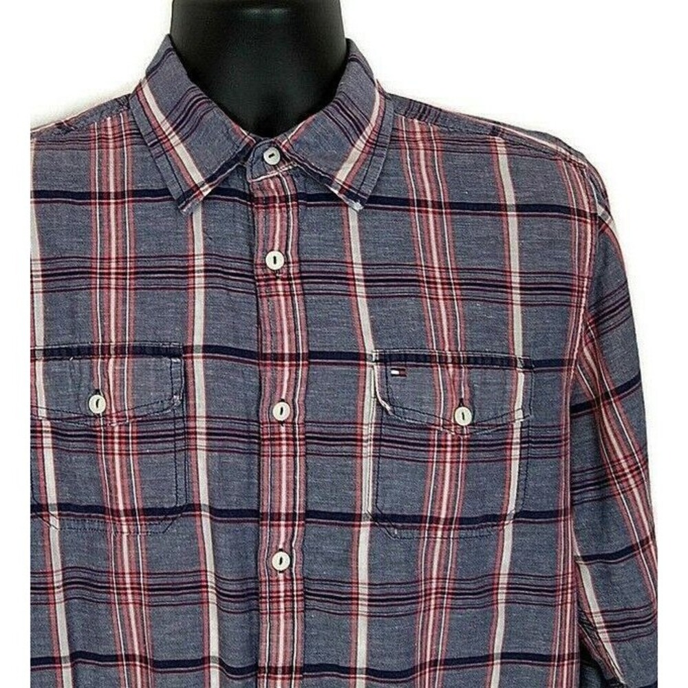 💥5/$25 Tommy‎ Hilfiger Men M Shirt Blue Plaid Button Up Long Slv Linen Blend